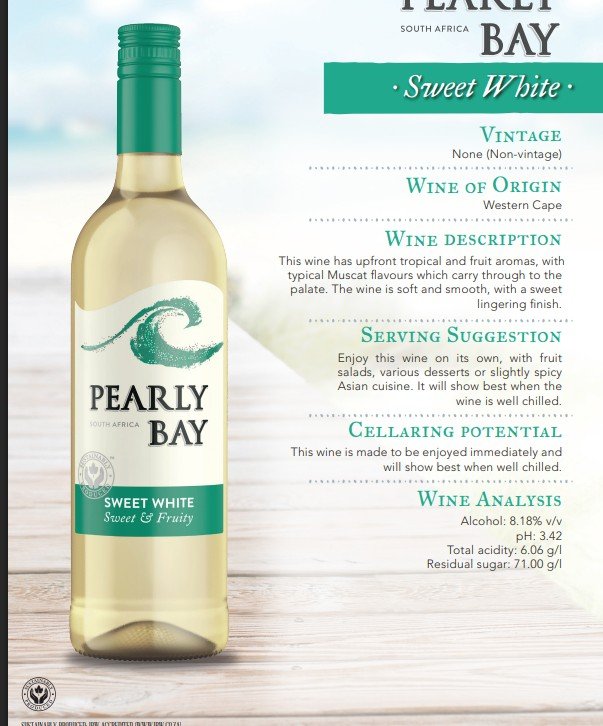 PEARL BAY SWEET WHITE 750ML